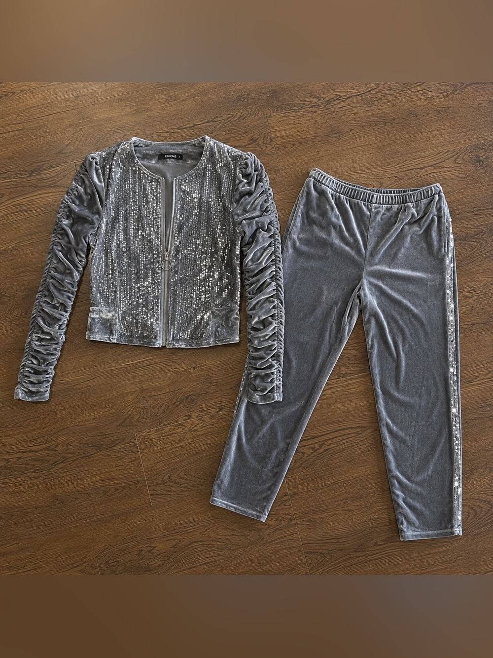 Chicme Silver Velvet Sequin Zip Jacket & Ruched Sleeve Joggers Set Sz XXL
